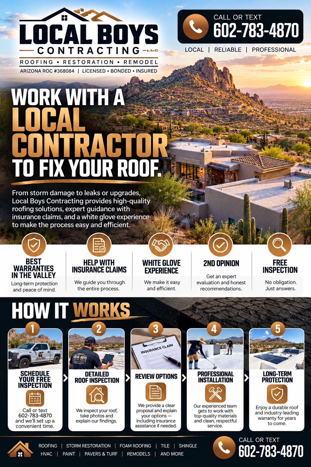 Local Boys Contracting: free roof inspections and help with insurance claims, call or text 602-783-4870