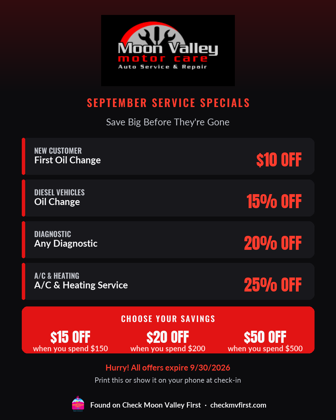 Five Coupons From Moon Valley Motor Care